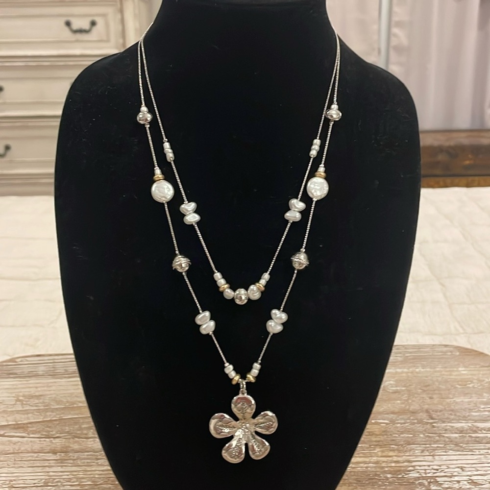 Chico’s Silver Tone Double Layer Strand Beaded Fl… - image 1